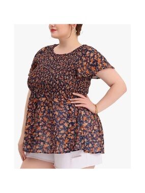 Agnes‎ Orinda Women's 1X Chiffon Smocked Floral Peplum Blouse Navy/Orange/White